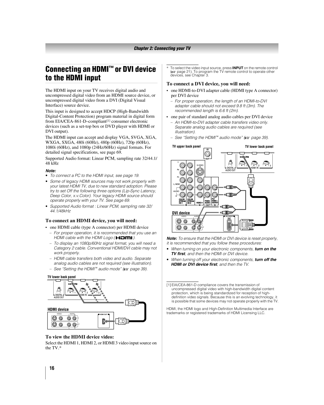 Toshiba 40XF550U, 46XF550U Connecting an Hdmi or DVI device to the Hdmi input, To connect an Hdmi device, you will need 