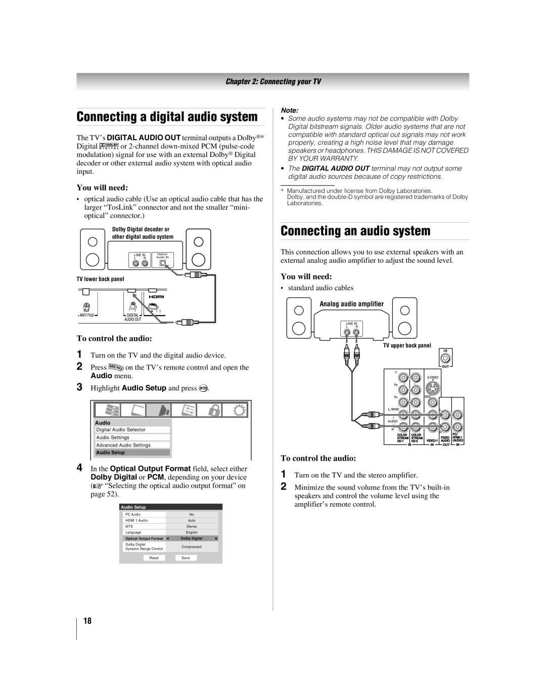 Toshiba 46XF550U, 40XF550U, 2XF550U manual Connecting an audio system, To control the audio, Standard audio cables 