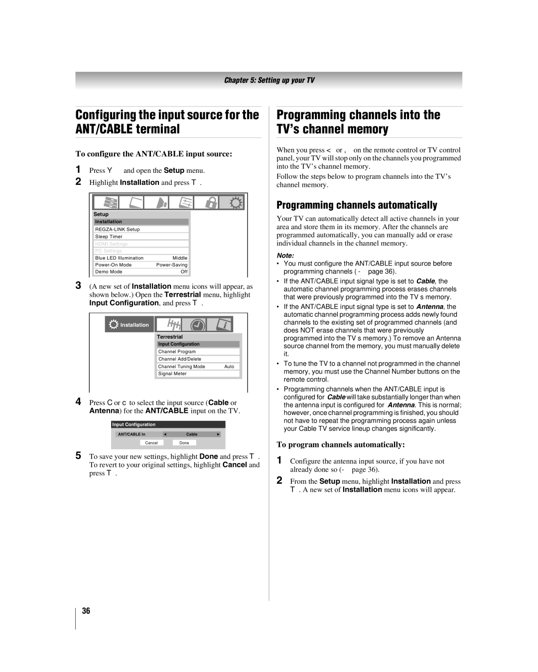 Toshiba 46XF550U, 40XF550U Configuring the input source for the ANT/CABLE terminal, Programming channels automatically 