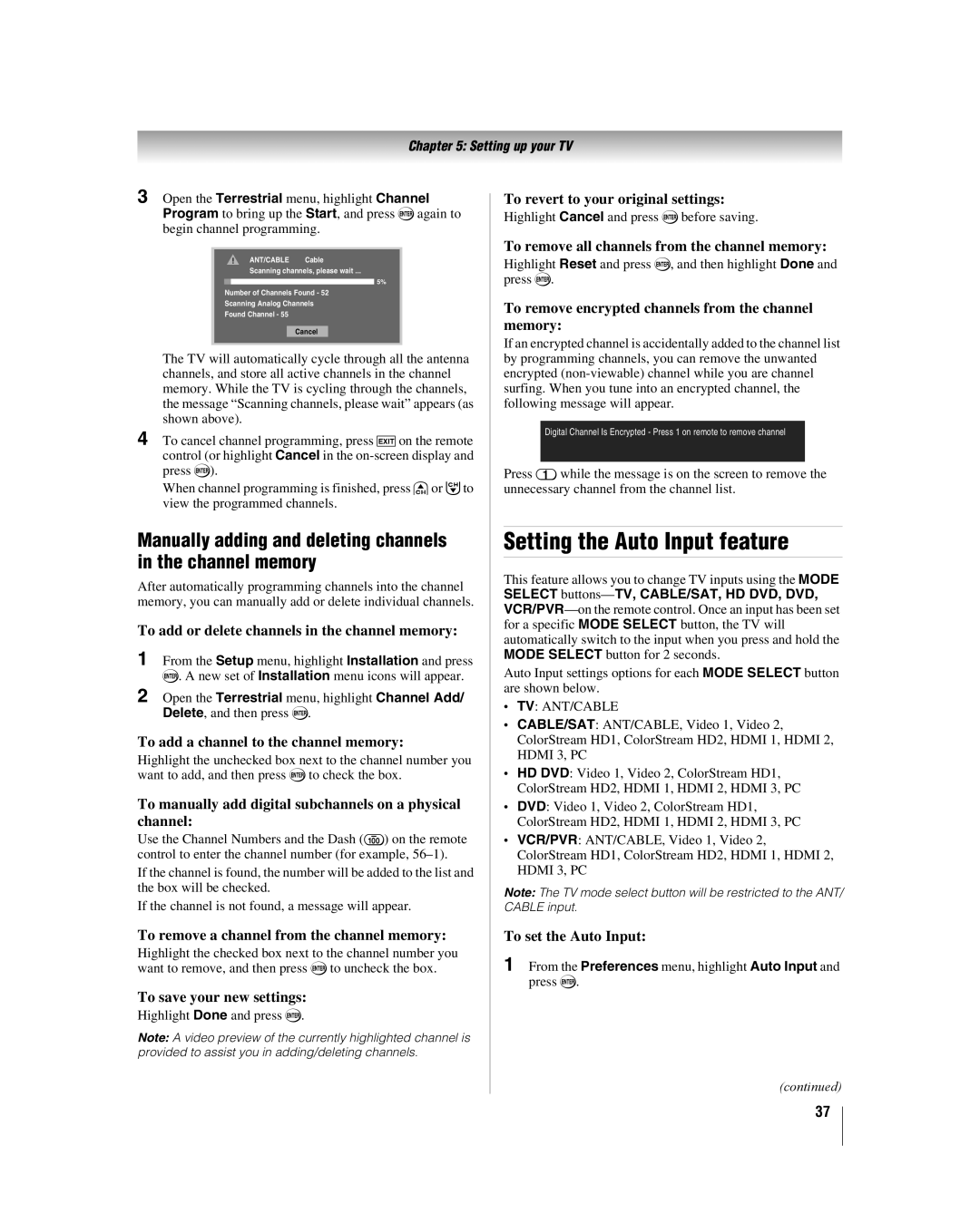 Toshiba 40XF550U, 46XF550U Setting the Auto Input feature, Manually adding and deleting channels in the channel memory 