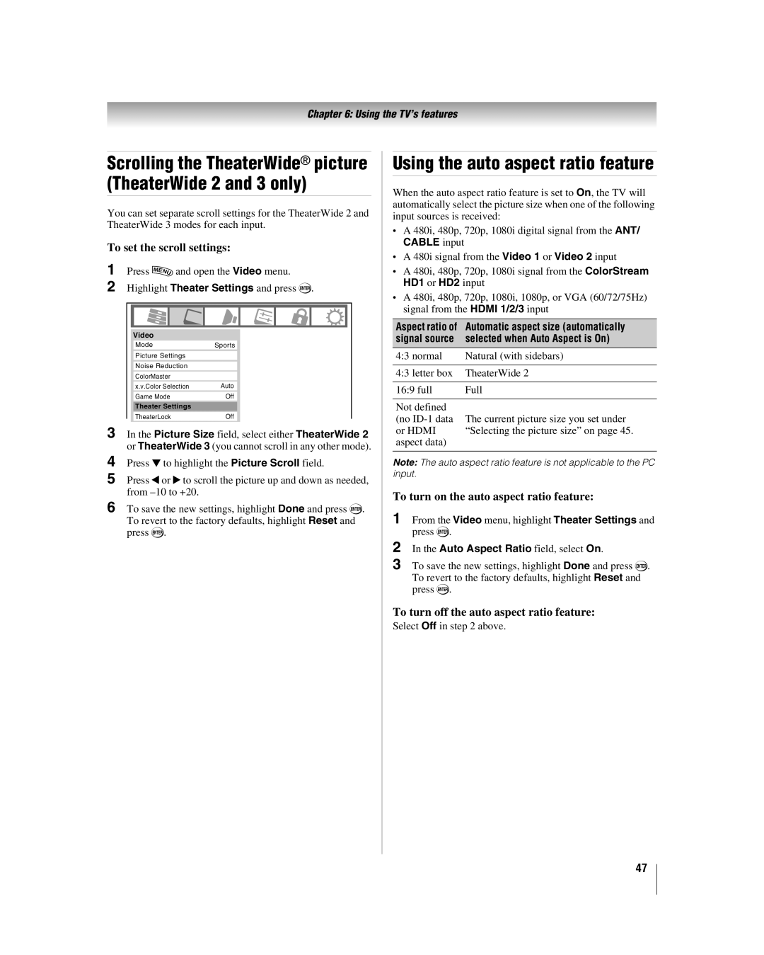 Toshiba 2XF550U Using the auto aspect ratio feature, To set the scroll settings, To turn on the auto aspect ratio feature 