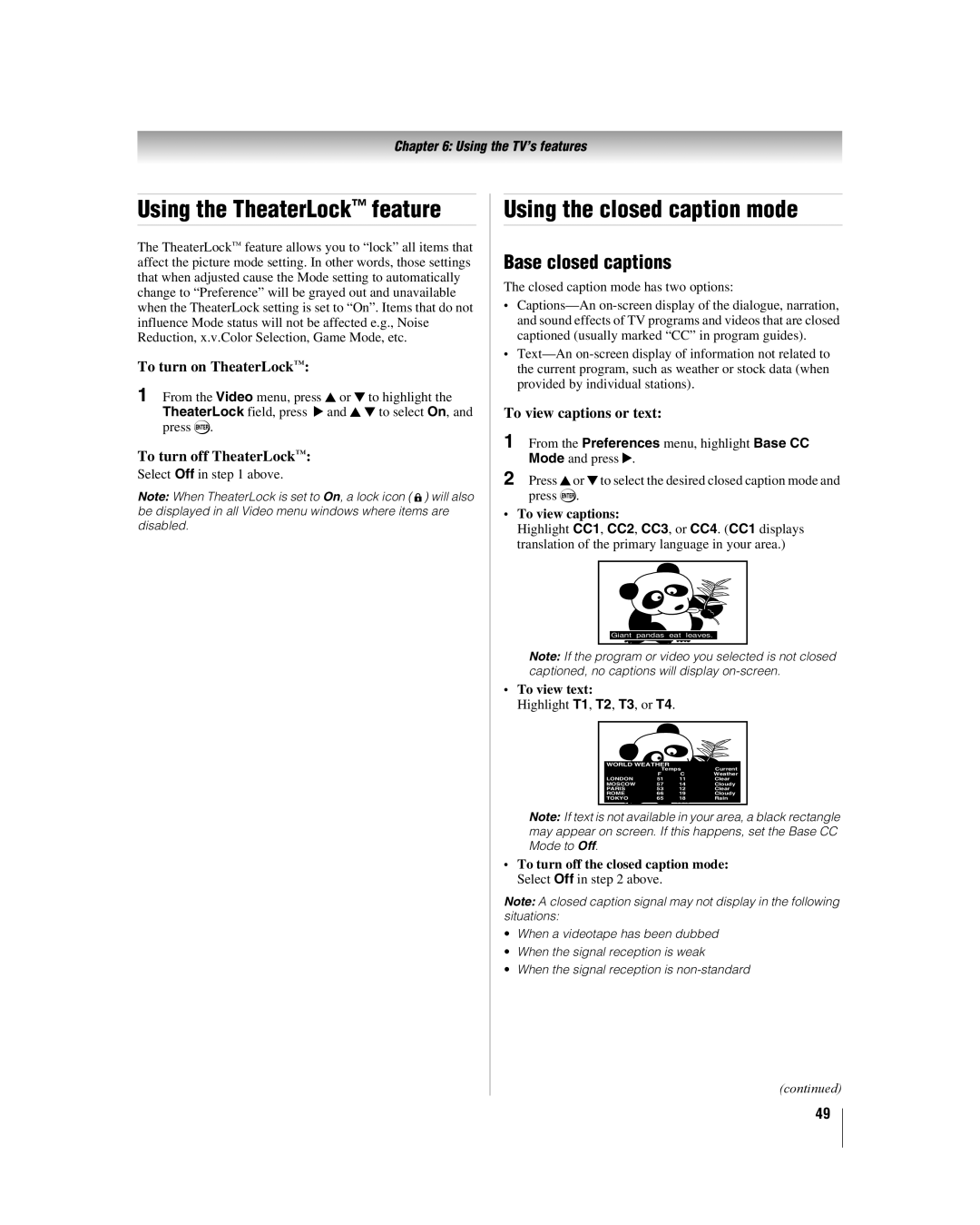 Toshiba 40XF550U, 46XF550U, 2XF550U manual Using the TheaterLock feature, Using the closed caption mode, Base closed captions 