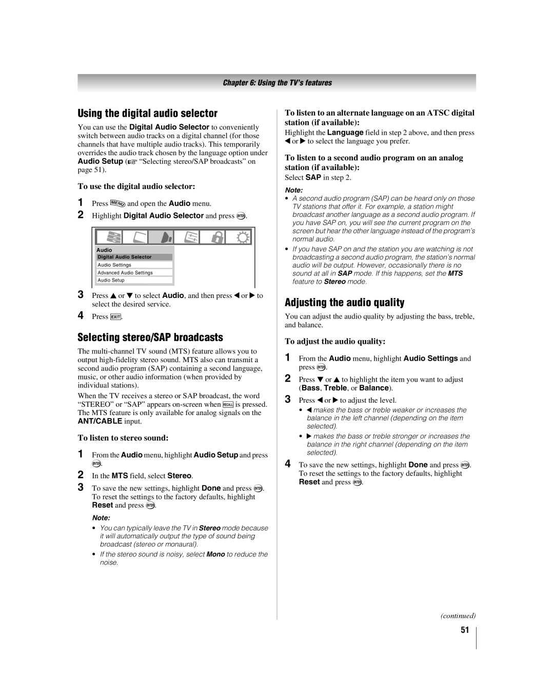 Toshiba 46XF550U, 40XF550U Using the digital audio selector, Selecting stereo/SAP broadcasts, Adjusting the audio quality 