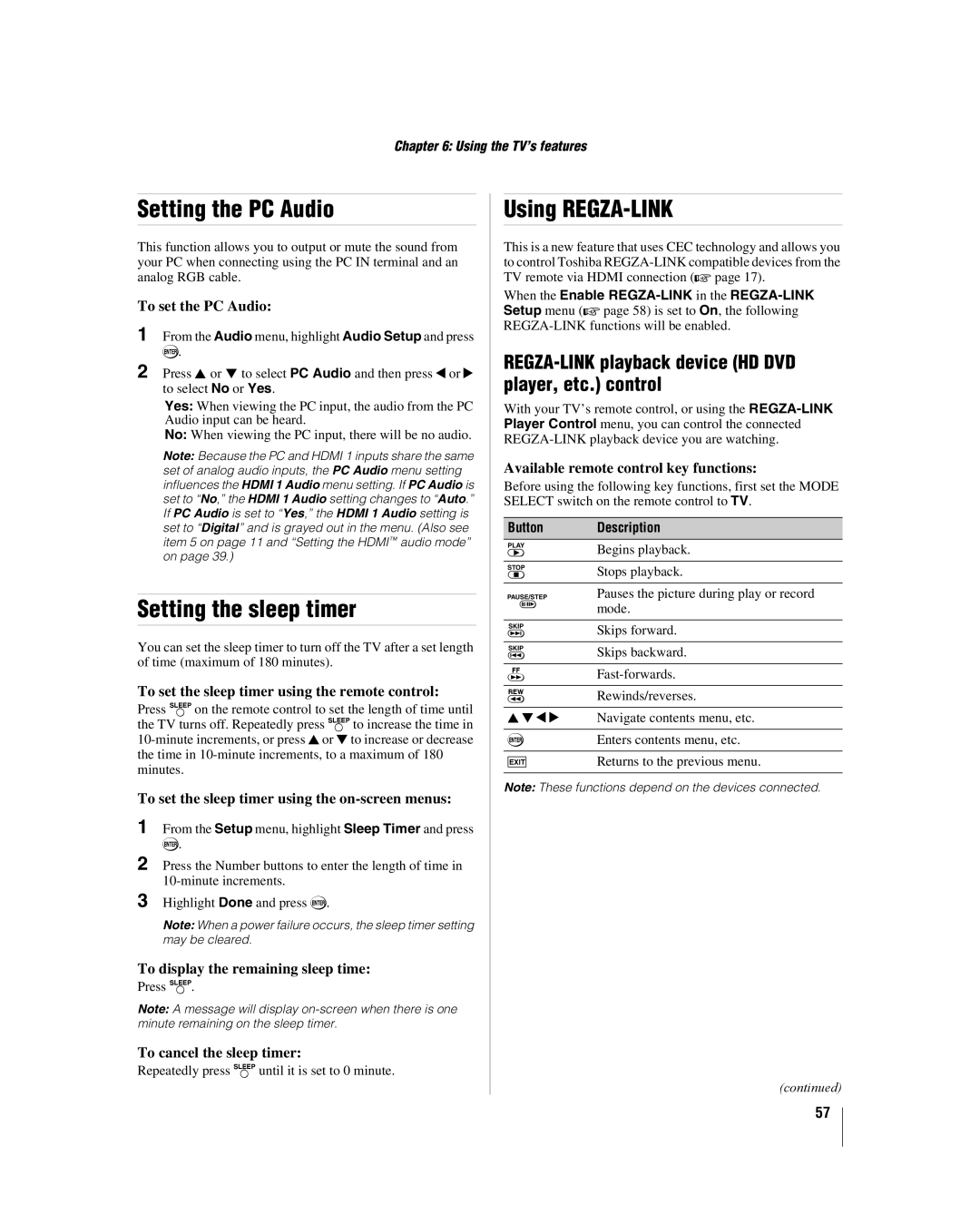 Toshiba 46XF550U, 40XF550U, 2XF550U manual Setting the PC Audio, Setting the sleep timer, Using REGZA-LINK 