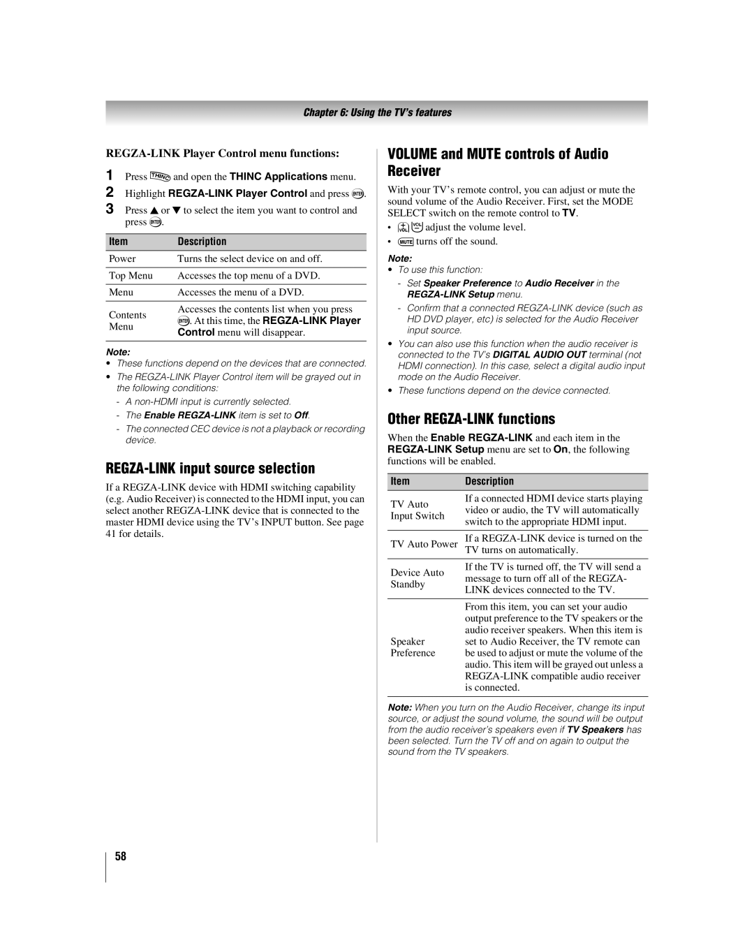 Toshiba 40XF550U REGZA-LINK input source selection, Volume and Mute controls of Audio Receiver, Other REGZA-LINK functions 