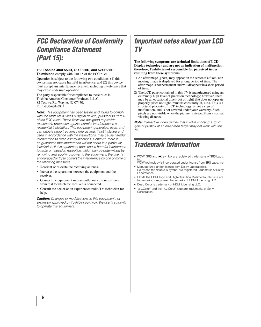 Toshiba 46XF550U, 40XF550U, 2XF550U manual Part, Important notes about your LCD TV, Trademark Information 