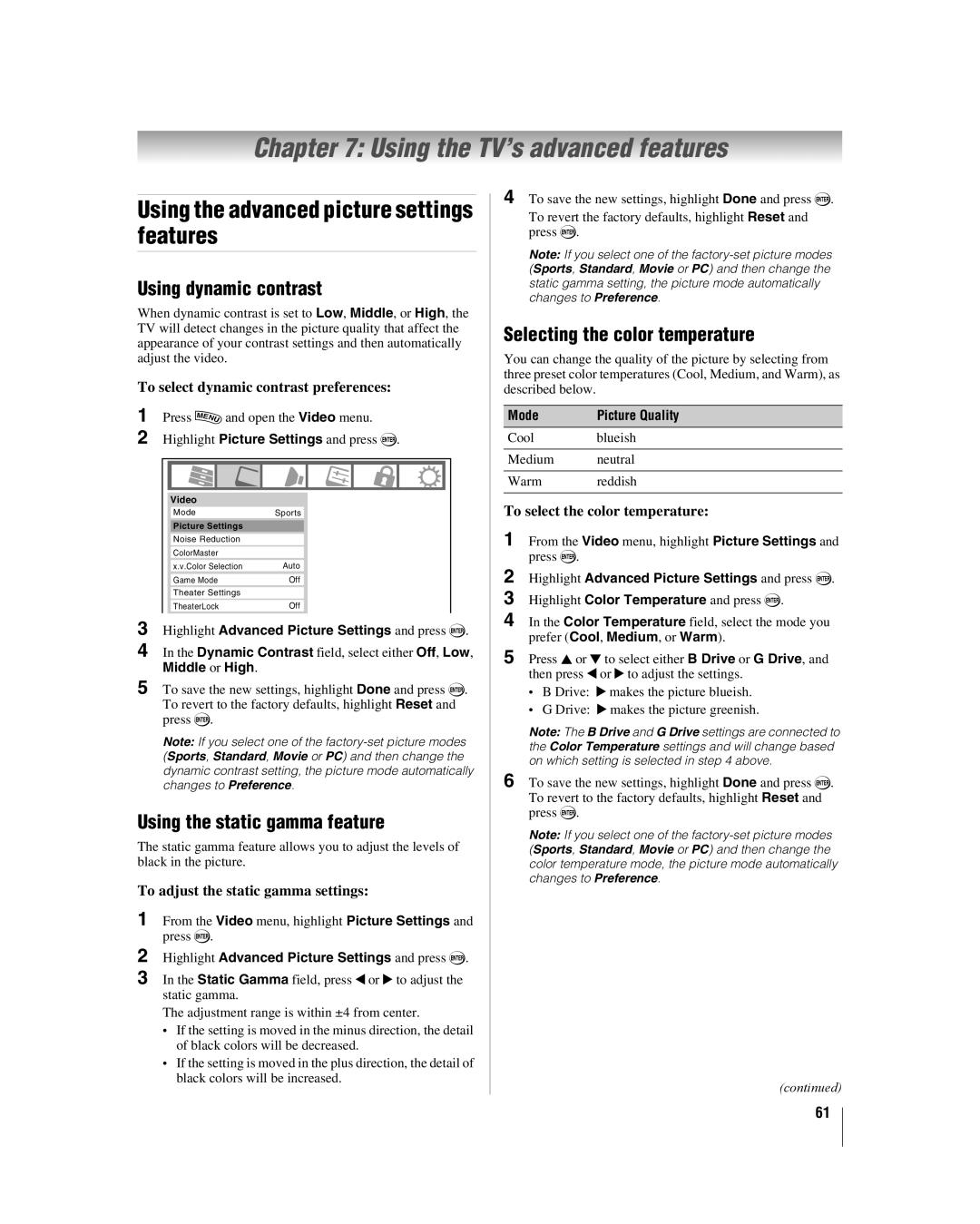 Toshiba 40XF550U Using the TV’s advanced features, Using the advanced picture settings features, Using dynamic contrast 