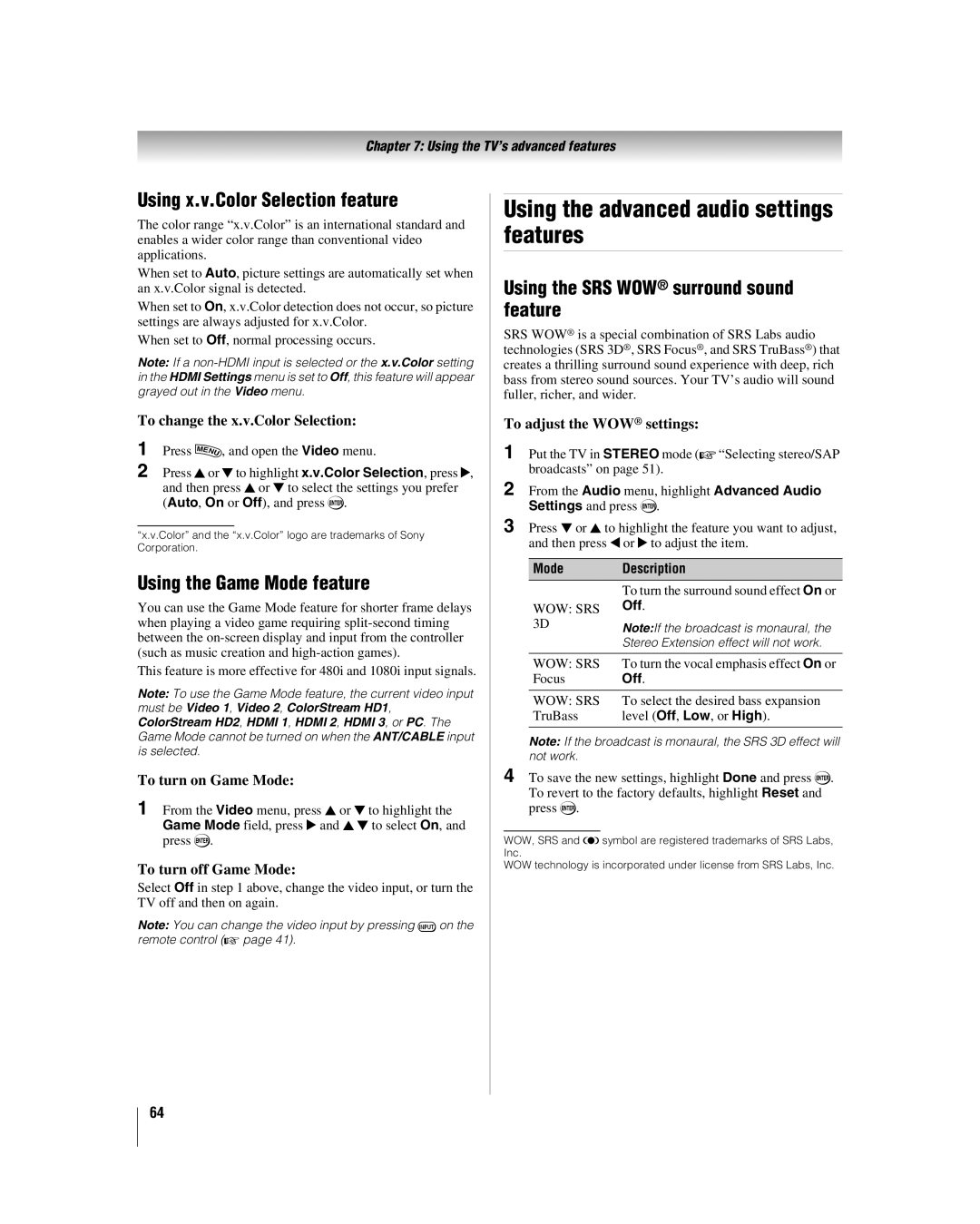 Toshiba 40XF550U, 46XF550U, 2XF550U manual Using the advanced audio settings features, Using x.v.Color Selection feature 