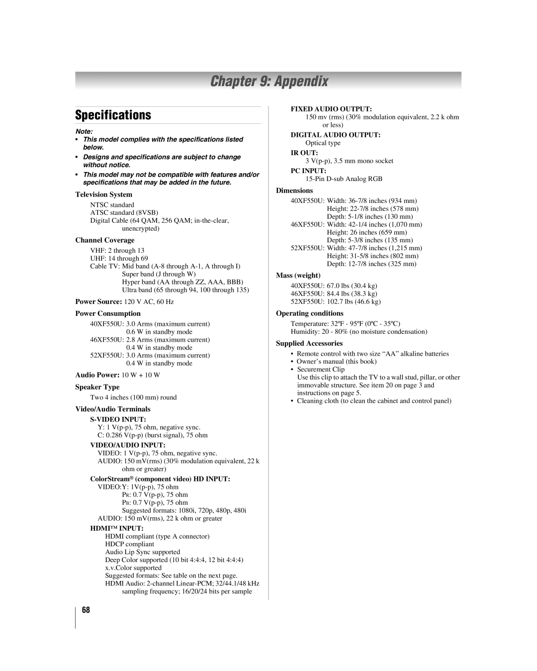 Toshiba 2XF550U, 46XF550U, 40XF550U manual Appendix, Specifications 