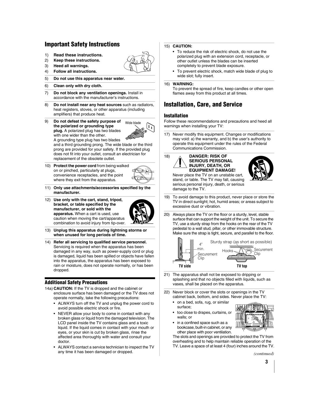 Toshiba 46XF550U Important Safety Instructions, Installation, Care, and Service, Additional Safety Precautions, continued 