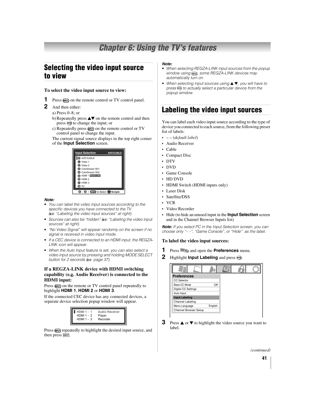 Toshiba 2XF550U Using the TV’s features, Labeling the video input sources, To label the video input sources, default label 