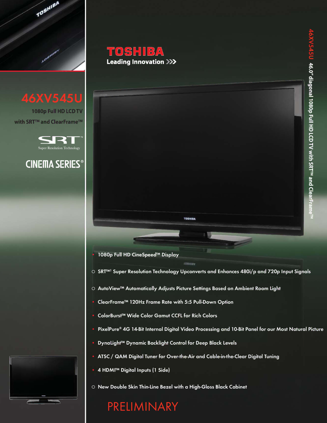 Toshiba 46XV545U manual Preliminary, 1080p Full HD LCD TV 