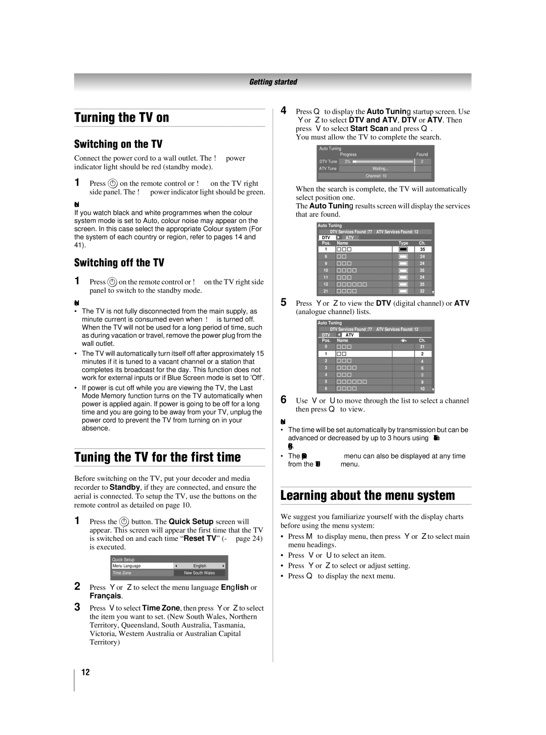 Toshiba 46XV550A_560A, 42XV550A_560A Turning the TV on, Tuning the TV for the first time, Learning about the menu system 