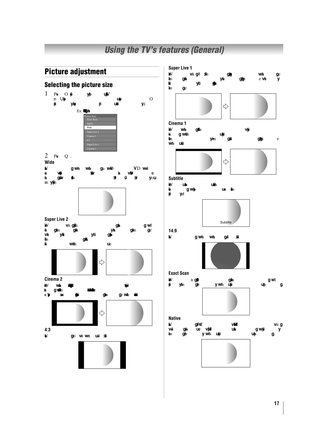 Toshiba 42XV550A_560A, 46XV550A_560A Using the TV’s features General, Picture adjustment, Selecting the picture size 