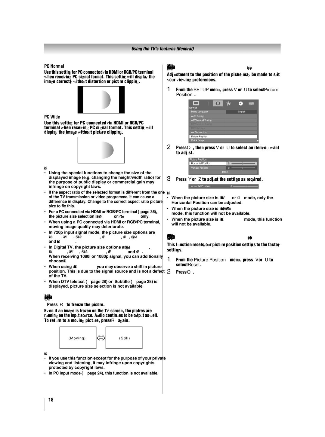 Toshiba 46XV550A_560A Using the picture still, Adjusting the picture position analogue only, PC Normal, PC Wide 