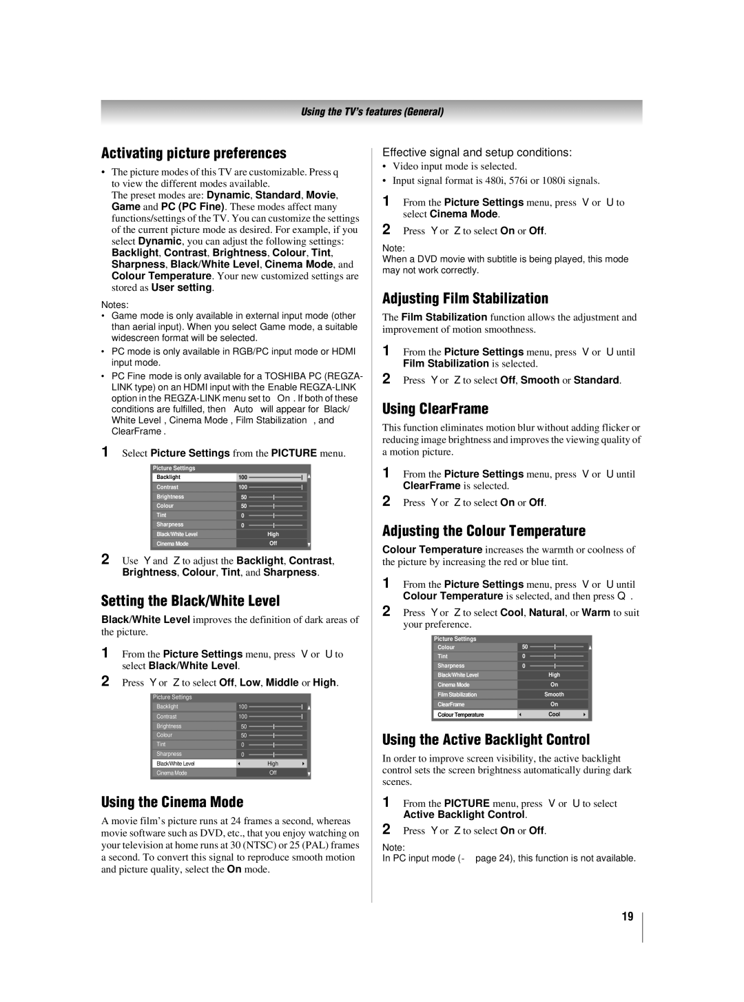 Toshiba 42XV550A_560A, 46XV550A_560A Activating picture preferences, Setting the Black/White Level, Using the Cinema Mode 