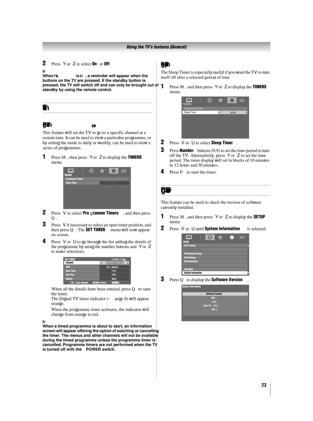 Toshiba 42XV550A_560A owner manual Confirming Software Version, Programme Timers digital only, Setting the Sleep Timer 