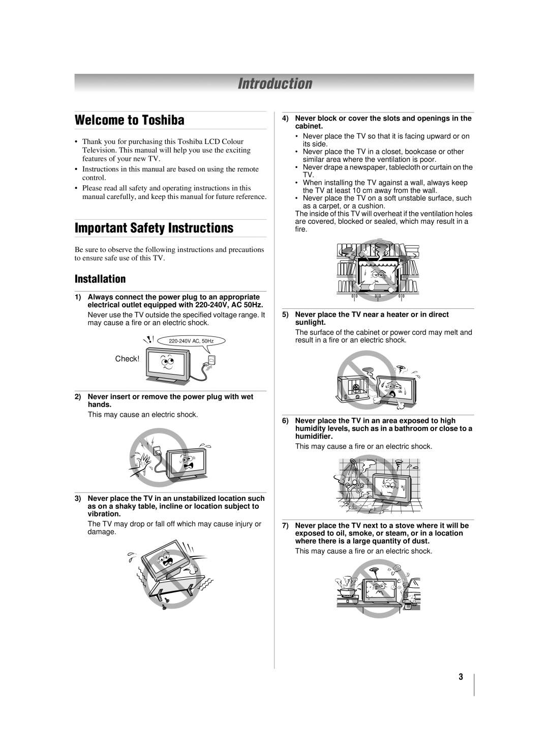 Toshiba 42XV550A_560A, 46XV550A_560A Introduction, Welcome to Toshiba, Important Safety Instructions, Installation 