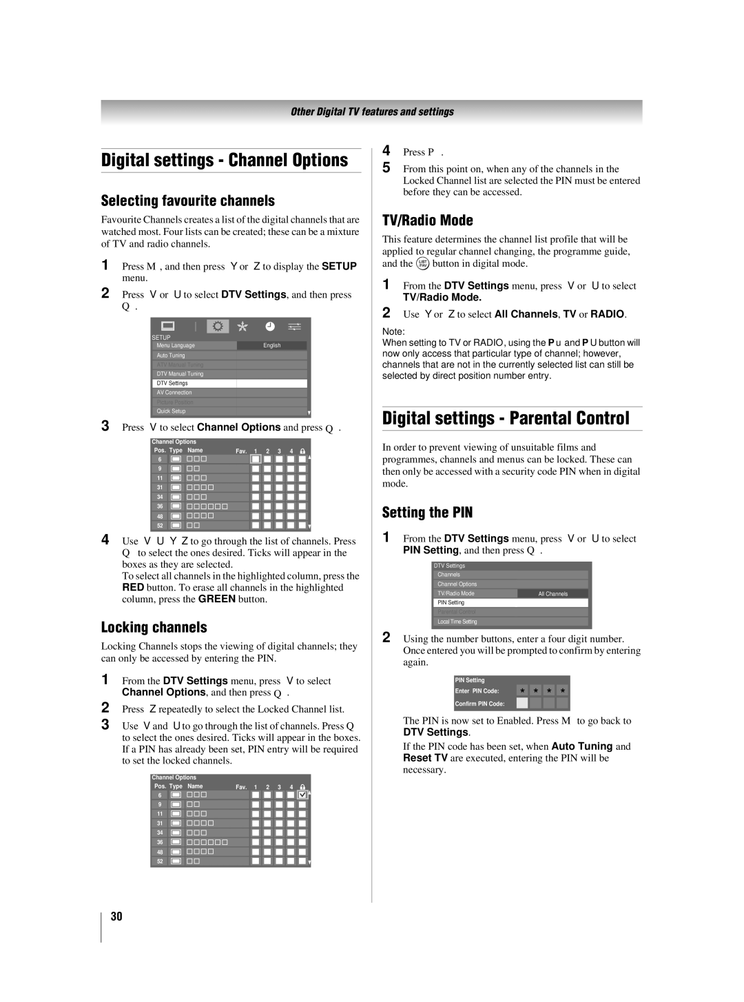 Toshiba 46XV550A_560A Digital settings Parental Control, Selecting favourite channels, Locking channels, TV/Radio Mode 