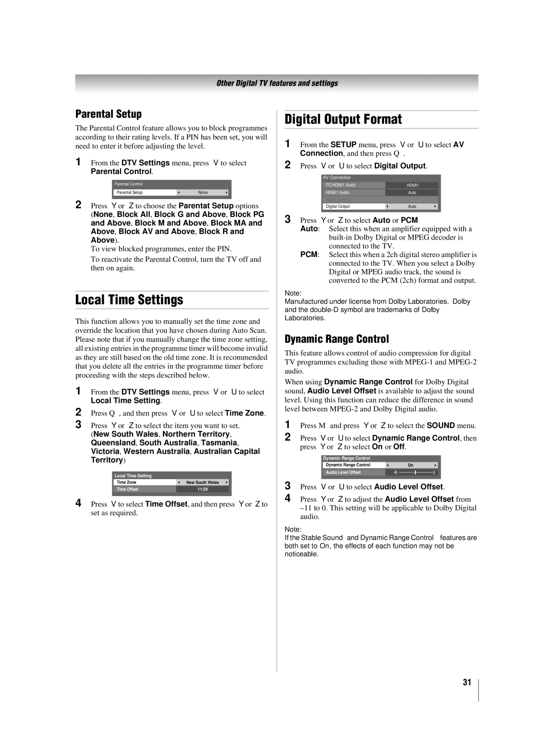 Toshiba 42XV550A_560A, 46XV550A_560A Local Time Settings, Digital Output Format, Parental Setup, Dynamic Range Control 