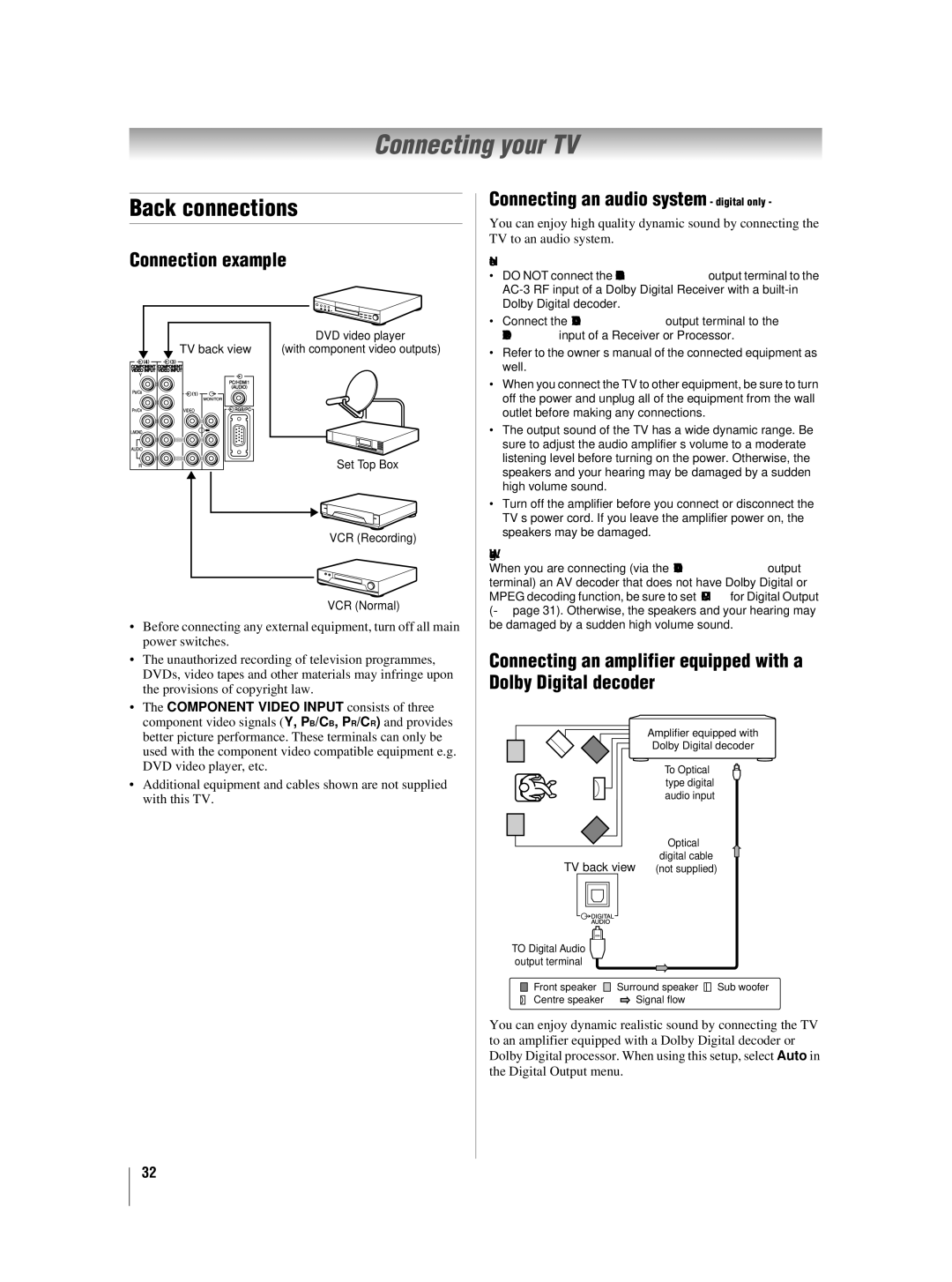 Toshiba 46XV550A_560A Connecting your TV, Back connections, Connection example Connecting an audio system digital only 