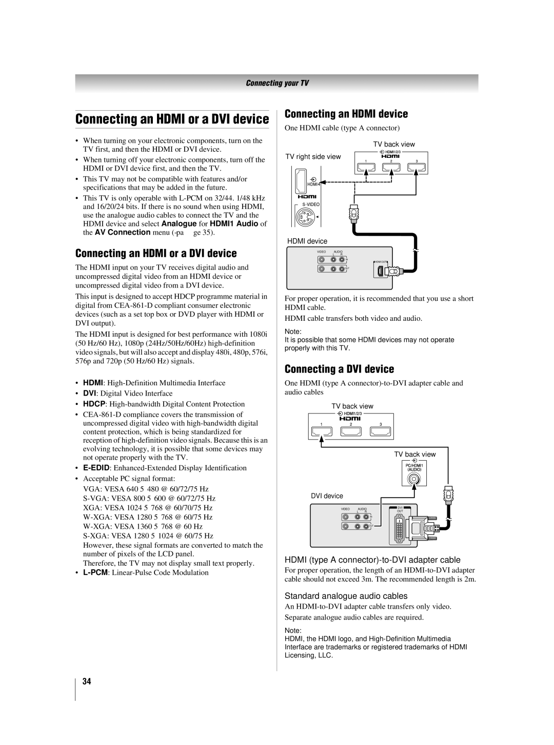 Toshiba 46XV550A_560A owner manual Connecting an Hdmi or a DVI device, Connecting an Hdmi device, Connecting a DVI device 