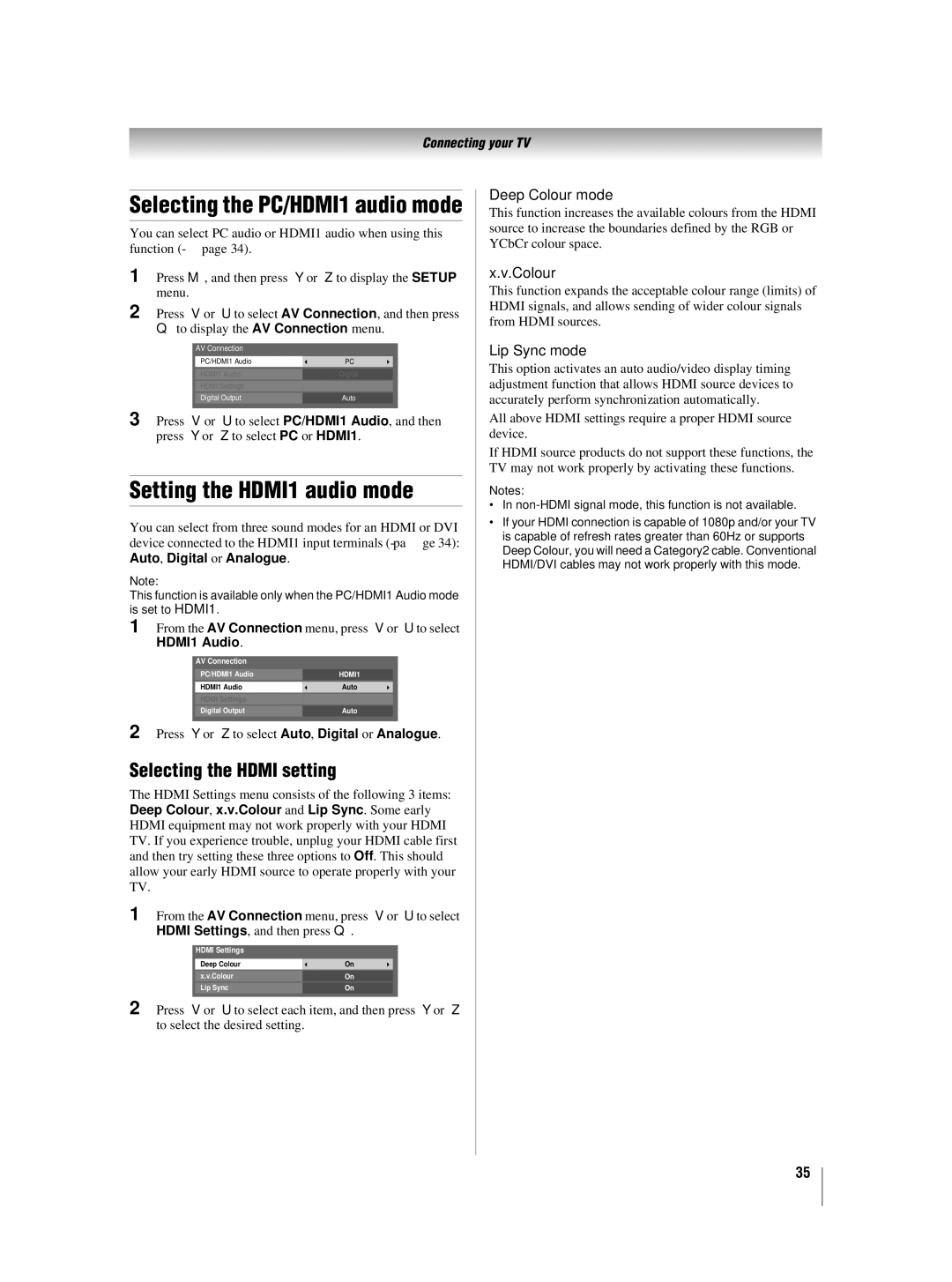 Toshiba 42XV550A_560A Setting the HDMI1 audio mode, Selecting the Hdmi setting, Deep Colour mode, Lip Sync mode 