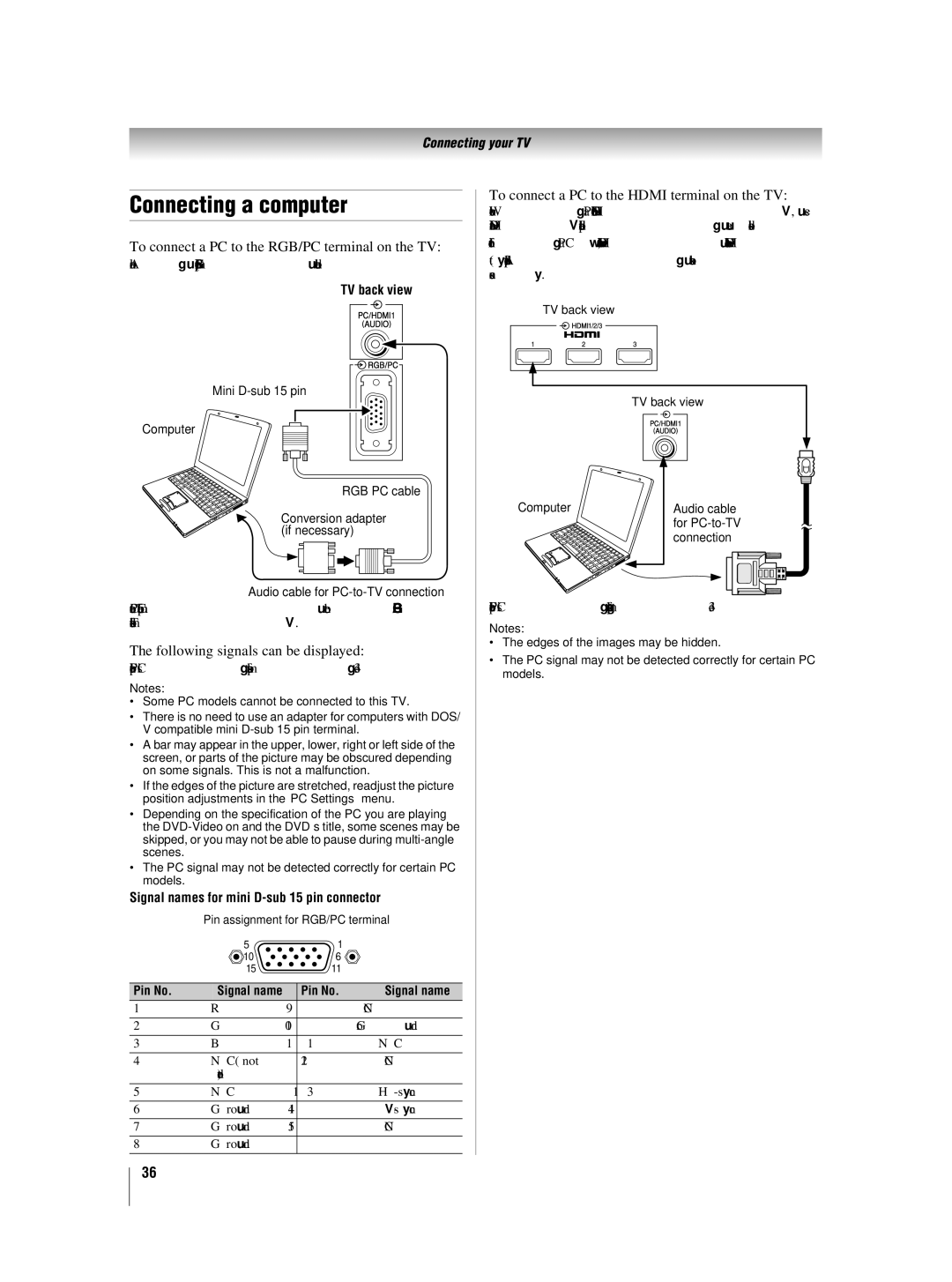 Toshiba 46XV550A_560A, 42XV550A_560A owner manual Connecting a computer, To connect a PC to the RGB/PC terminal on the TV 