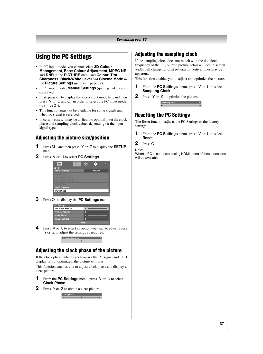 Toshiba 42XV550A_560A owner manual Using the PC Settings, Adjusting the picture size/position, Adjusting the sampling clock 