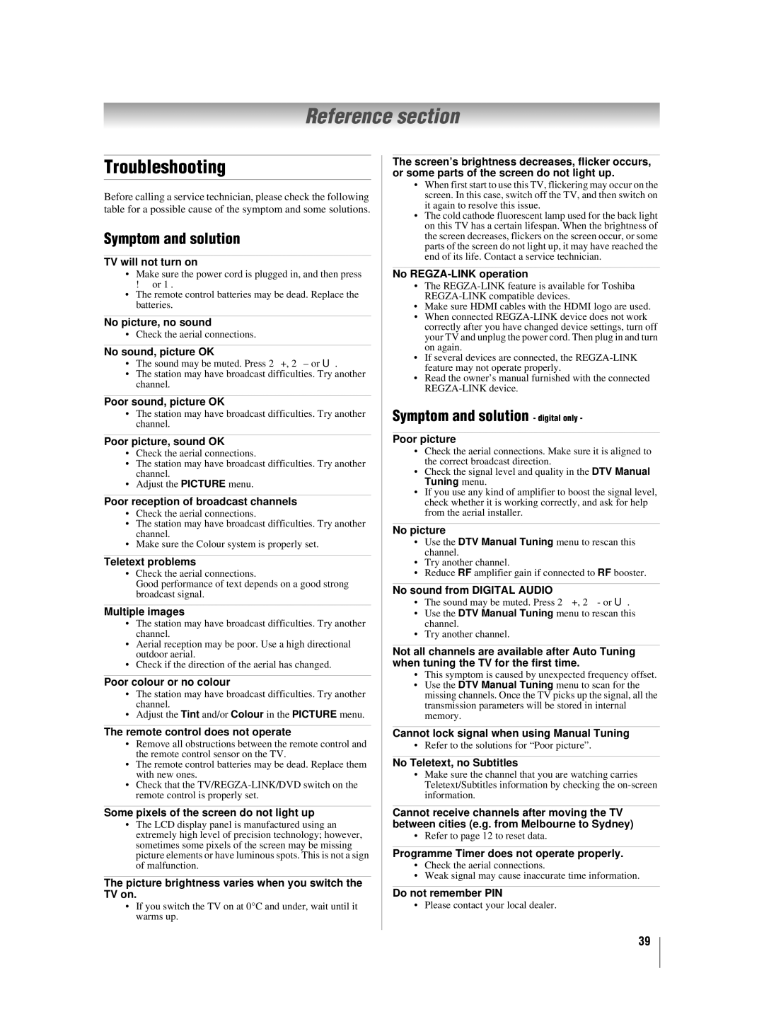 Toshiba 42XV550A_560A, 46XV550A_560A owner manual Reference section, Troubleshooting, Symptom and solution digital only 