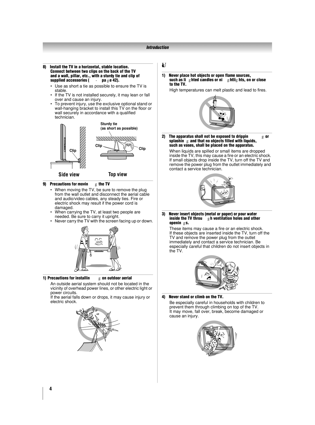 Toshiba 46XV550A_560A, 42XV550A_560A Use, Precautions for moving the TV, Precautions for installing on outdoor aerial 