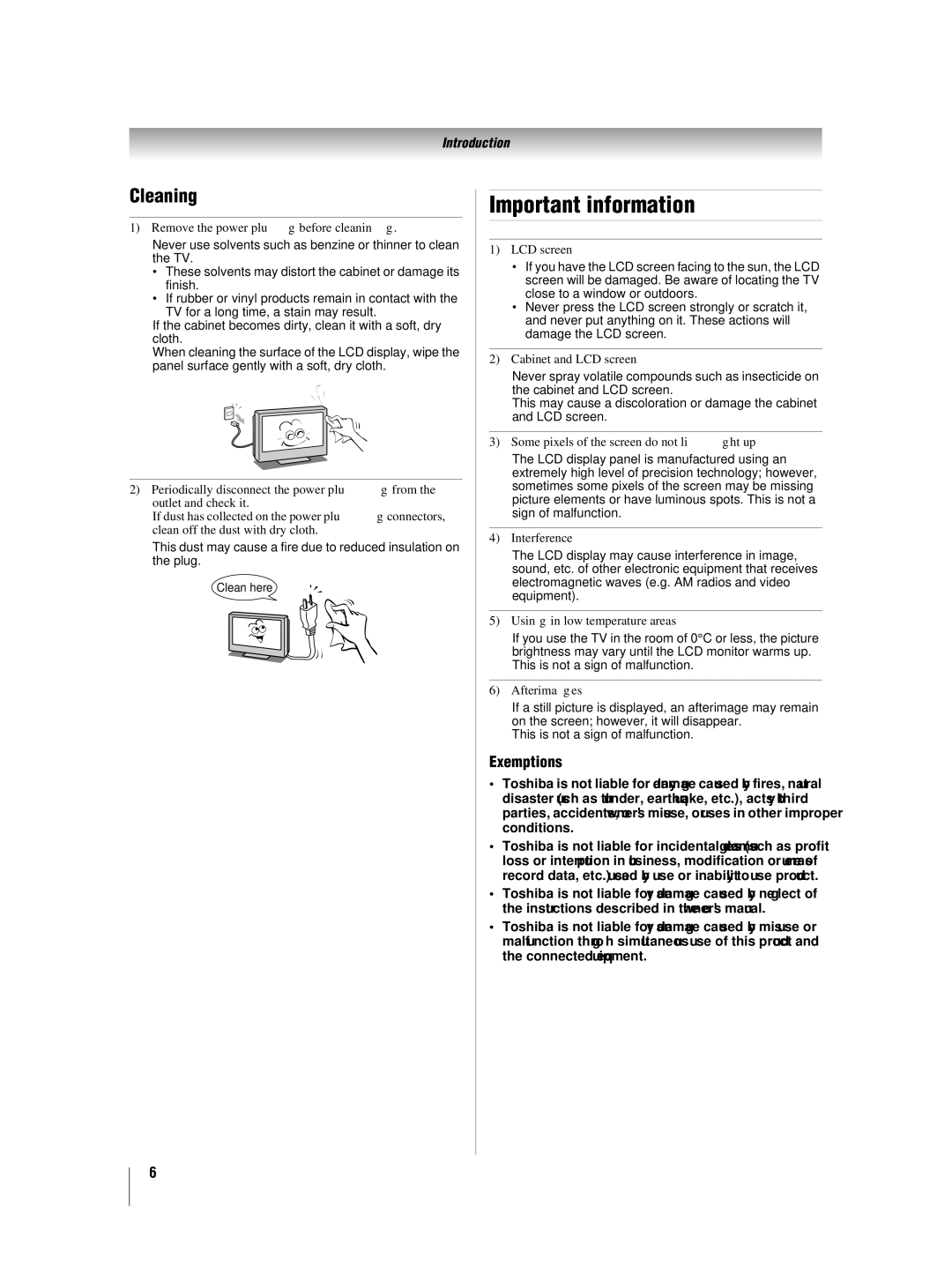 Toshiba 46XV550A_560A, 42XV550A_560A owner manual Important information, Cleaning 