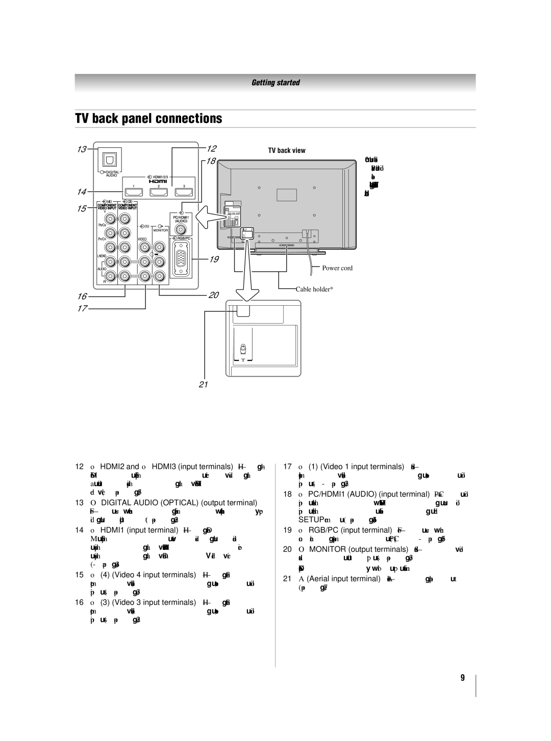 Toshiba 42XV550A_560A, 46XV550A_560A owner manual TV back panel connections, Digital Audio Optical output terminal 