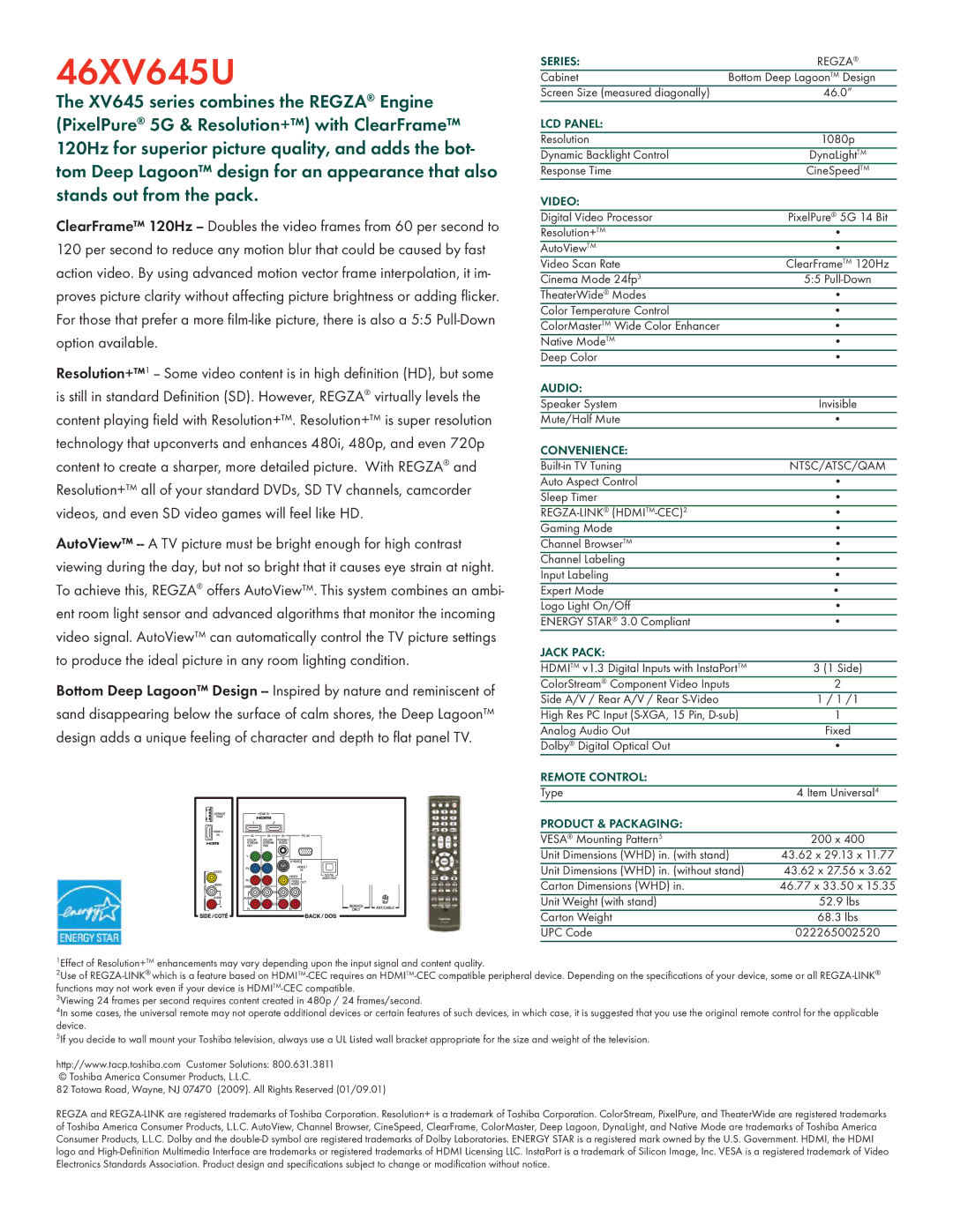 Toshiba 46XV645U manual Series, LCD Panel, Video, Audio, Convenience, Jack Pack, Remote Control, Product & Packaging 