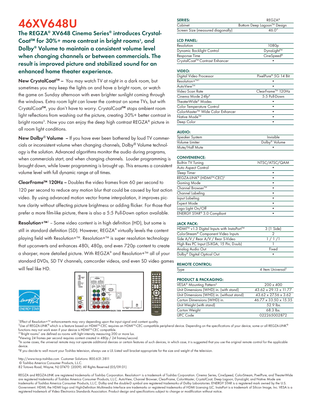 Toshiba 46XV648U manual Series, LCD Panel, Video, Audio, Convenience, Jack Pack, Remote Control, Product & Packaging 