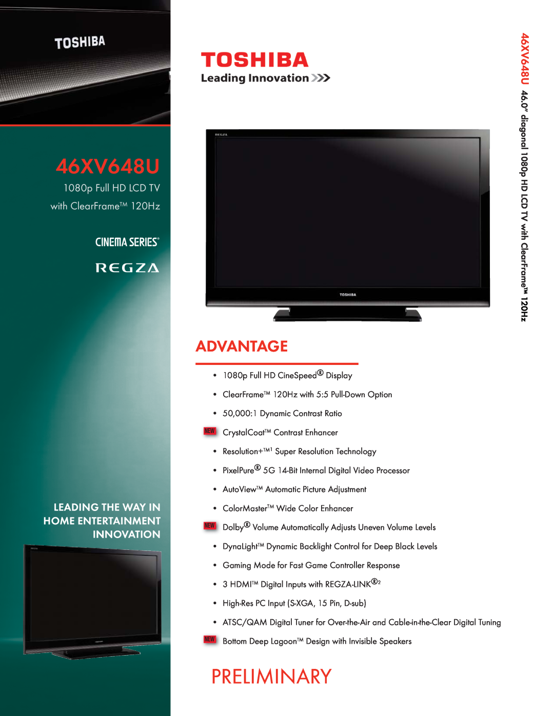 Toshiba 46XV648U manual Preliminary, Advantage, 1080p Full HD LCD TV with ClearFrame 120Hz 