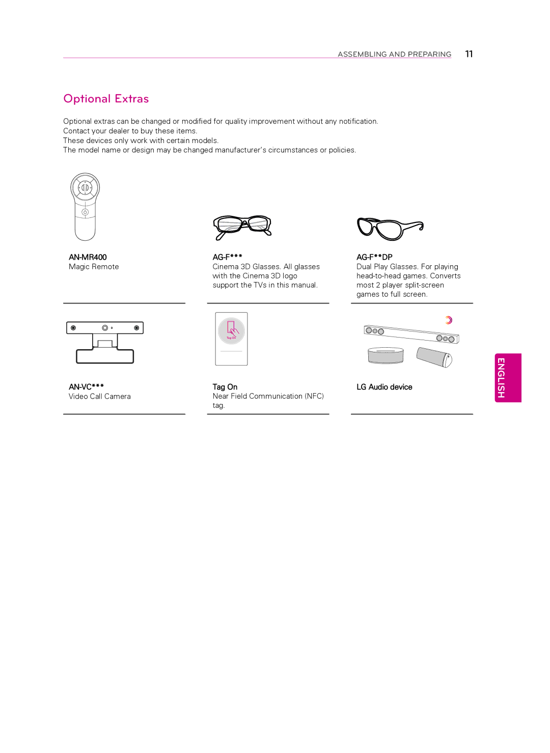 Toshiba 55LA6900, 47LA6950, 47LA7400, 47LA6900, 60LA7400 Optional Extras, AN-MR400 AG-F, AN-VC Tag On LG Audio device 