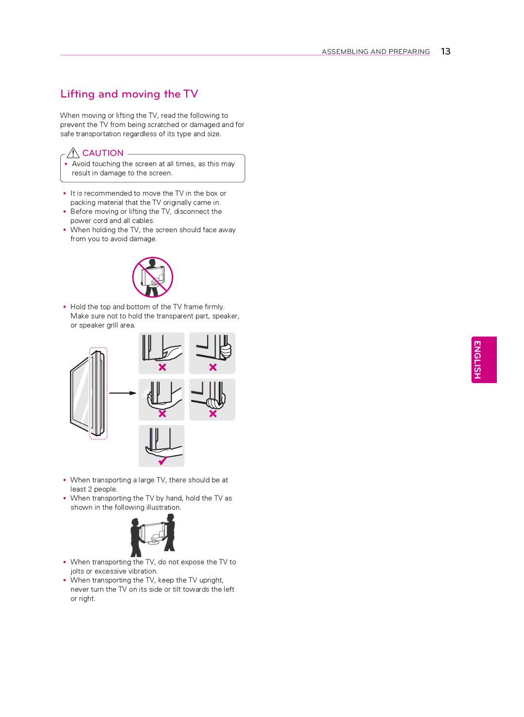 Toshiba 55LA6950, 47LA6950, 47LA7400, 47LA6900, 60LA7400, 55LA6900, 55LA7400 owner manual Lifting and moving the TV 