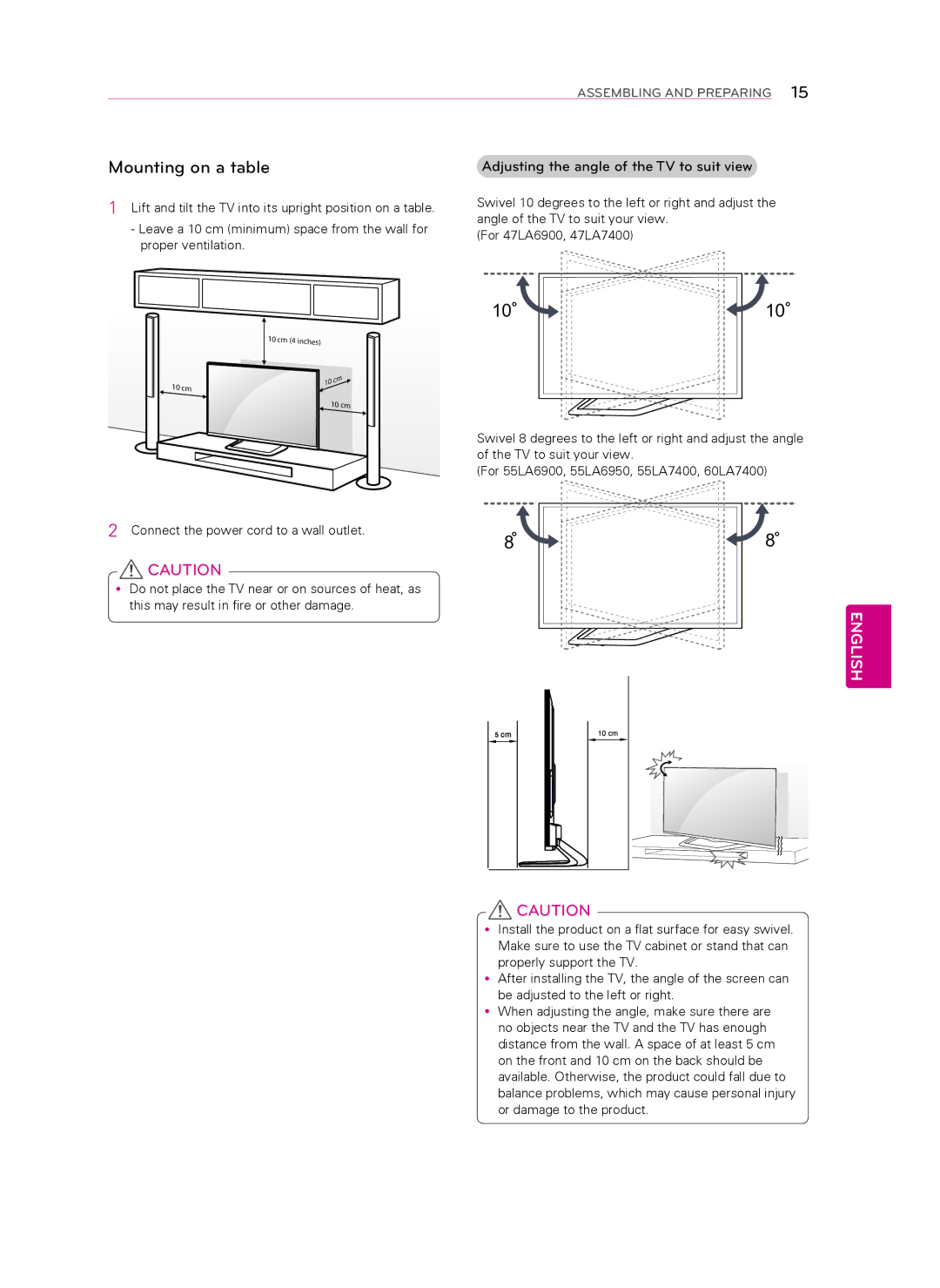 Toshiba 47LA7400, 47LA6950, 47LA6900, 60LA7400, 55LA6900, 55LA7400, 55LA6950 owner manual Mounting on a table 