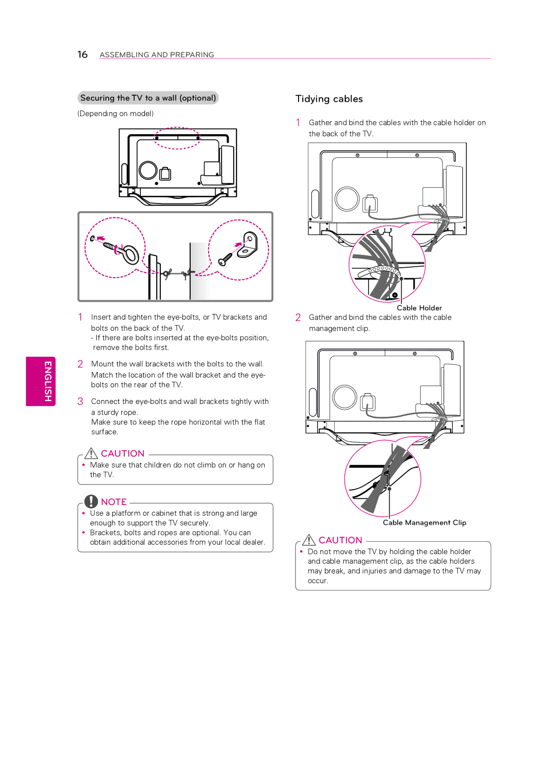 Toshiba 47LA6900, 47LA6950, 47LA7400, 60LA7400, 55LA6900, 55LA7400, 55LA6950 Tidying cables, Securing the TV to a wall optional 