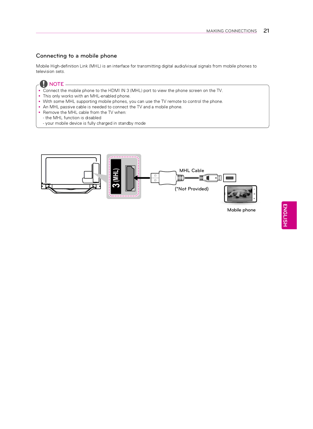 Toshiba 47LA6950, 47LA7400, 47LA6900, 60LA7400, 55LA6900 Connecting to a mobile phone, MHL Cable Not Provided Mobile phone 