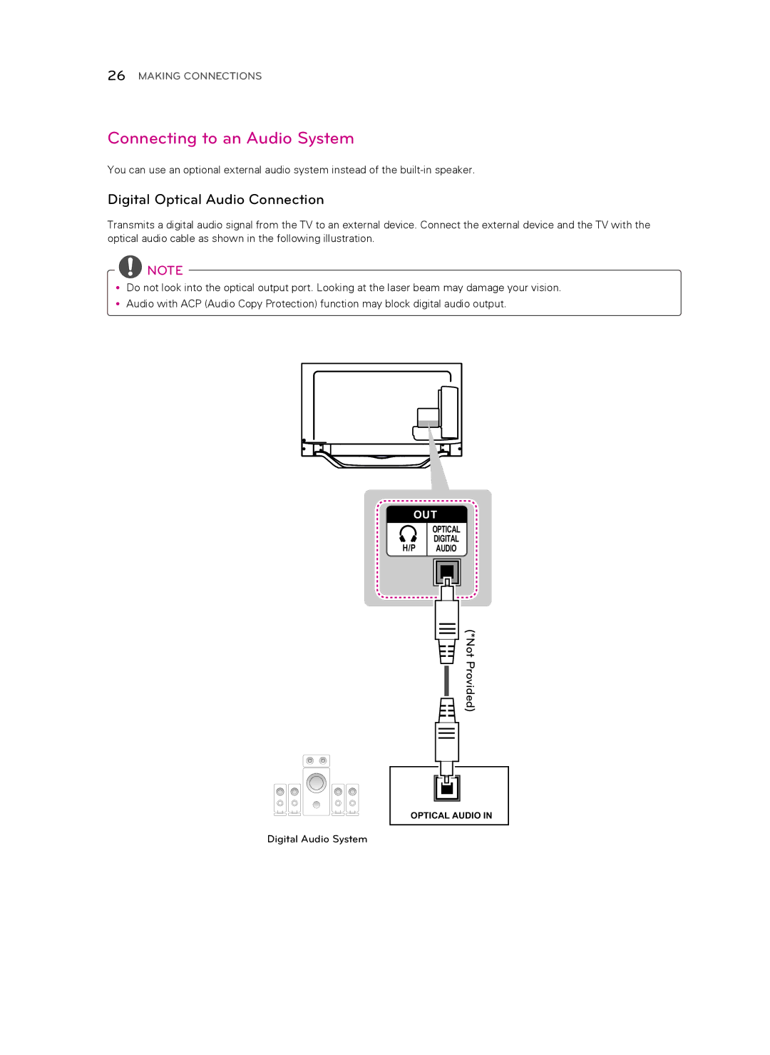 Toshiba 55LA7400, 47LA6950, 47LA7400, 47LA6900, 60LA7400 Connecting to an Audio System, Digital Optical Audio Connection 