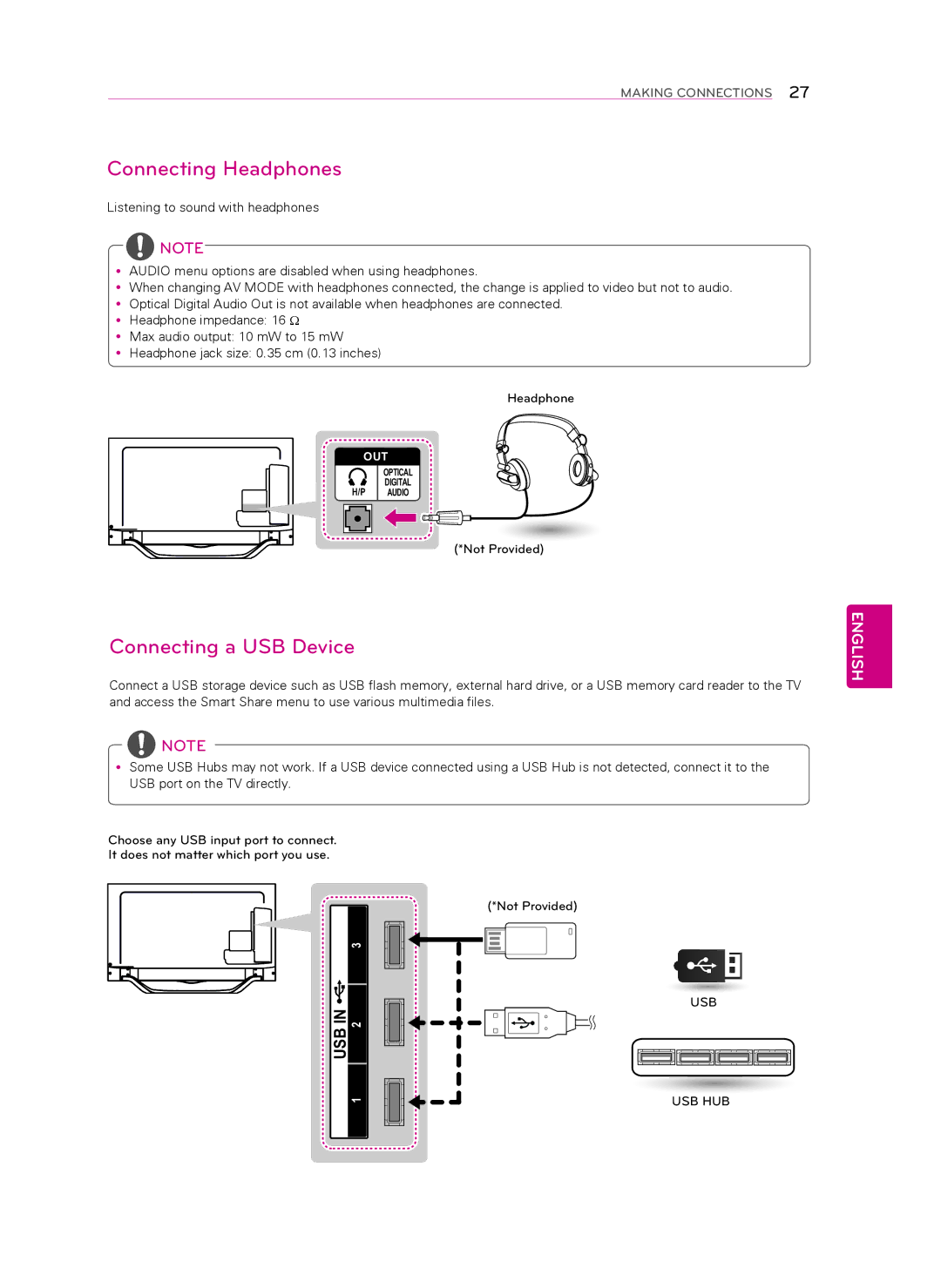 Toshiba 55LA6950, 47LA6950, 47LA7400, 47LA6900, 60LA7400, 55LA6900, 55LA7400 Connecting Headphones, Connecting a USB Device 