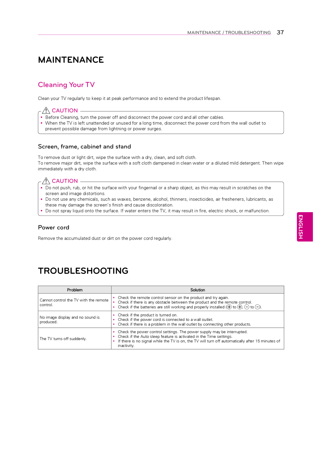 Toshiba 47LA6900, 47LA6950 Maintenance, Troubleshooting, Cleaning Your TV, Screen, frame, cabinet and stand, Power cord 