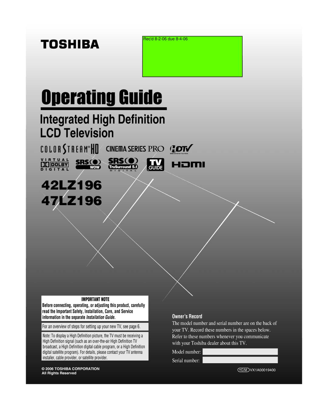 Toshiba manual 42LZ196 47LZ196 