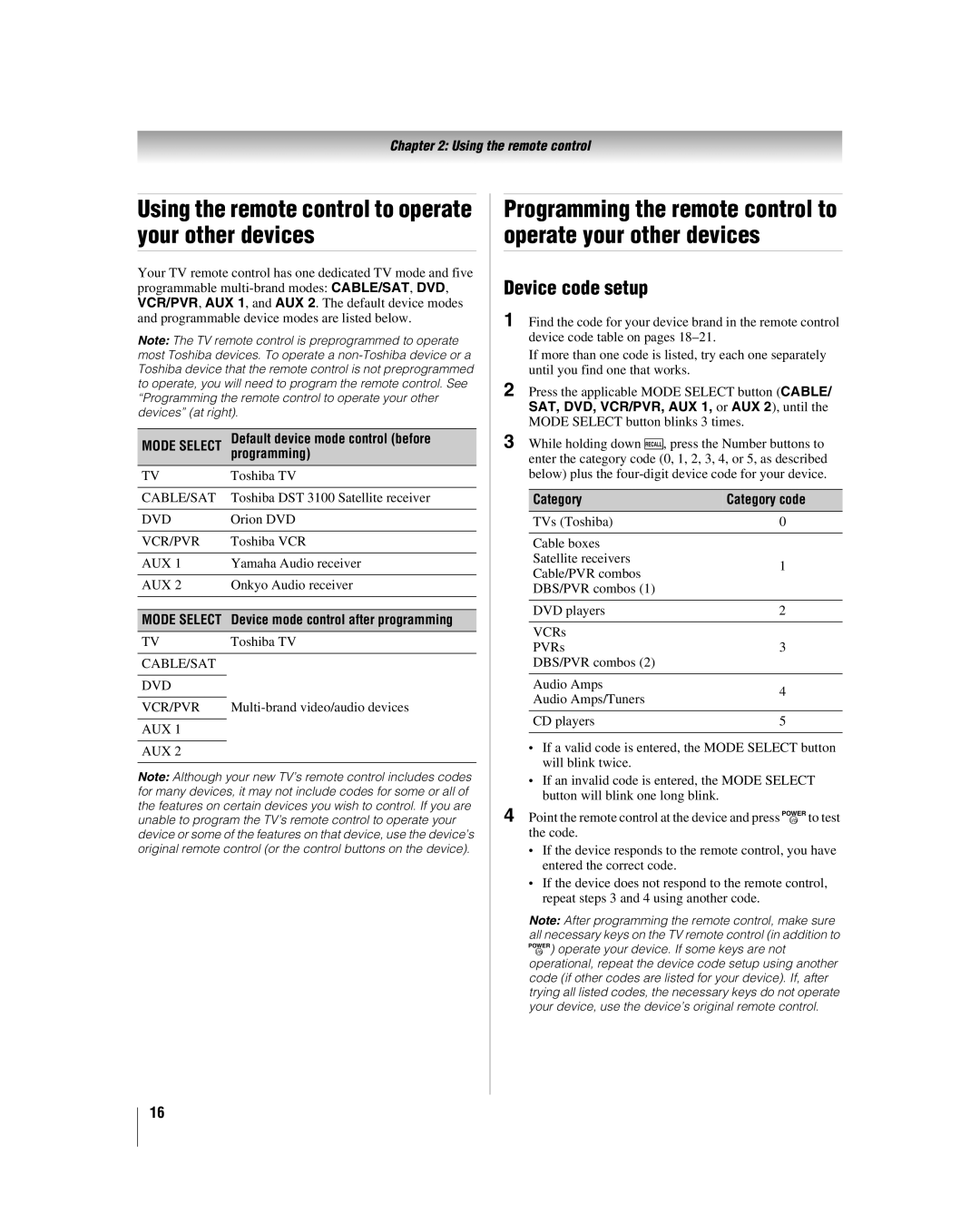 Toshiba 47LZ196, 42LZ196 Using the remote control to operate your other devices, Device code setup, Category Category code 