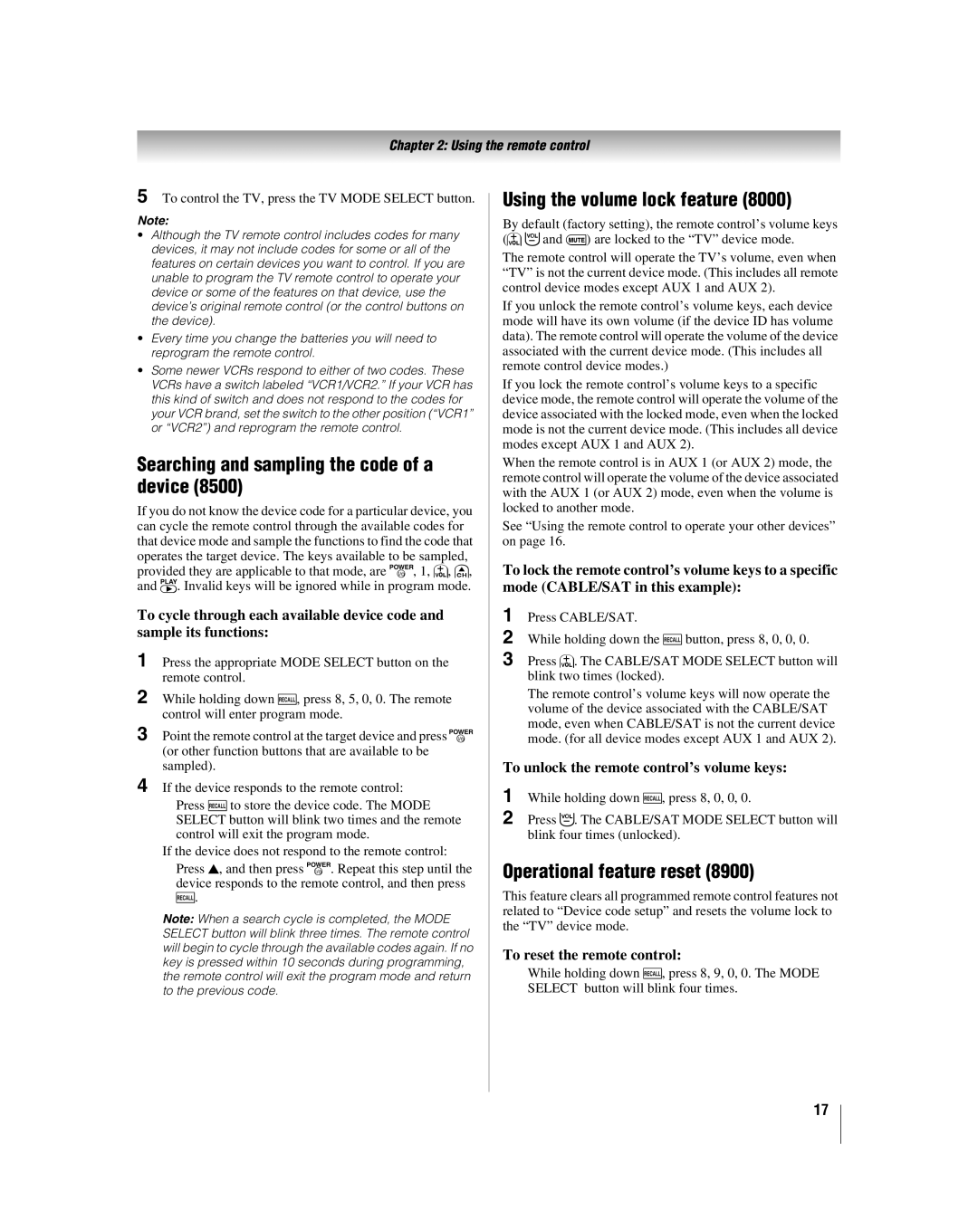 Toshiba 42LZ196 Searching and sampling the code of a device, Using the volume lock feature, Operational feature reset 