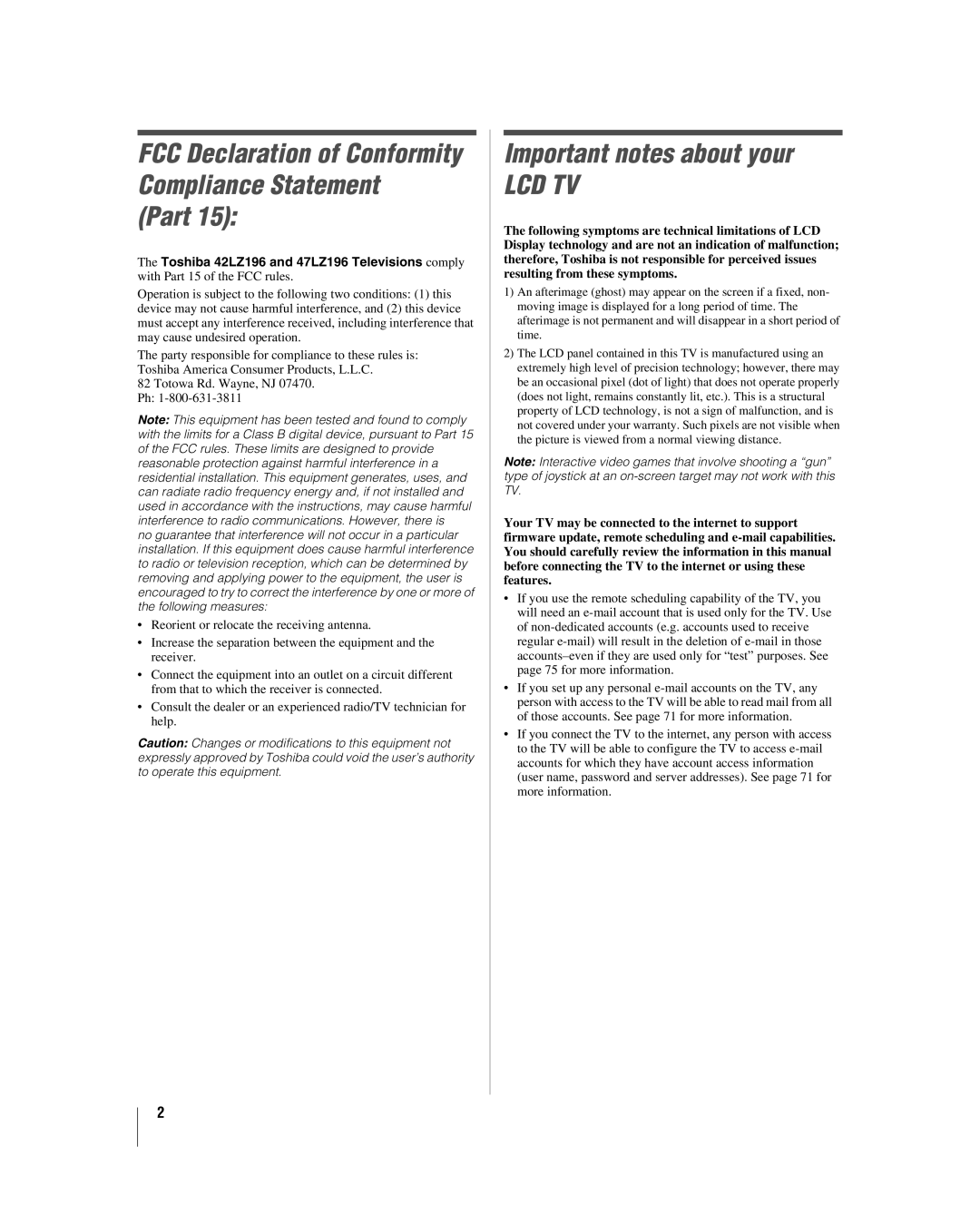 Toshiba 47LZ196, 42LZ196 manual Part, Important notes about your 