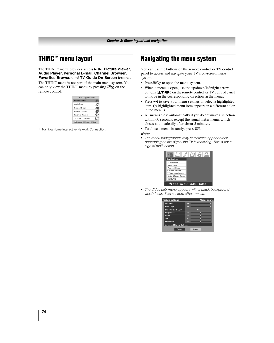 Toshiba 47LZ196 Thinc menu layout, Navigating the menu system, Applications, Picture Settings Mode Sports, Picture Viewer 