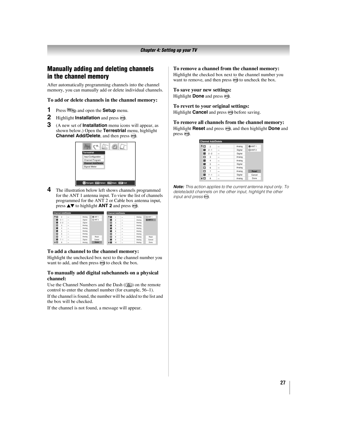 Toshiba 42LZ196, 47LZ196 manual Manually adding and deleting channels in the channel memory 